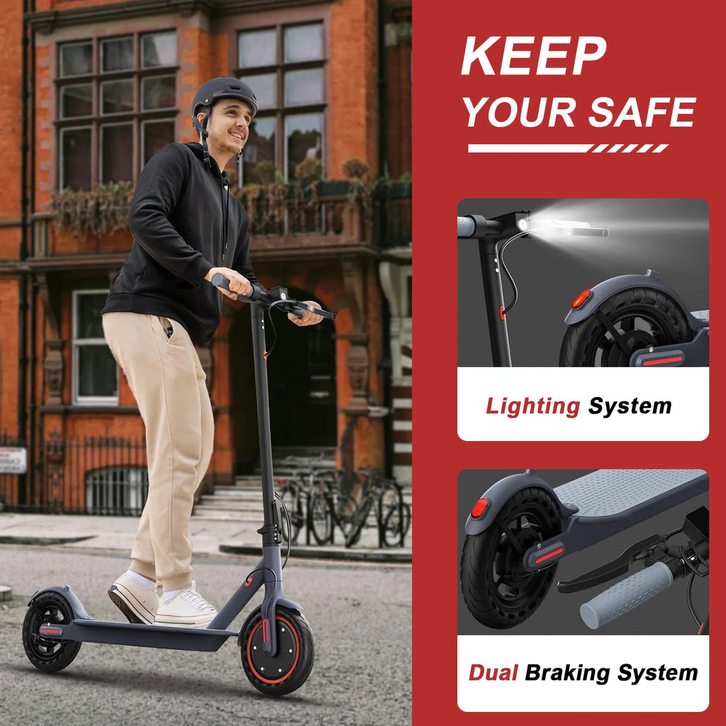 AOVOPRO adult electric scooter with dark grey frame, 8.5-inch wheels, and integrated lighting and dual brakes.