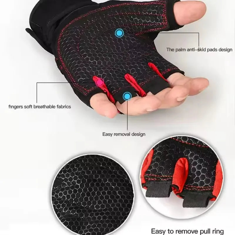 Black gym gloves with a honeycomb anti-skid palm, red accents, and finger pull tabs for easy removal.