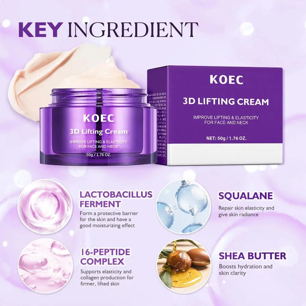 Purple jar and box of 3D lifting cream for face and neck, featuring key ingredients like peptides and shea butter.