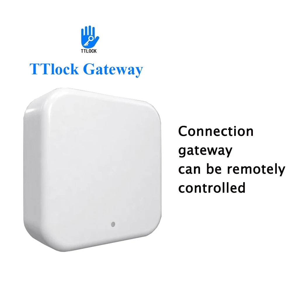 White, square plastic TTlock smart home connection gateway with a single status light on the front.