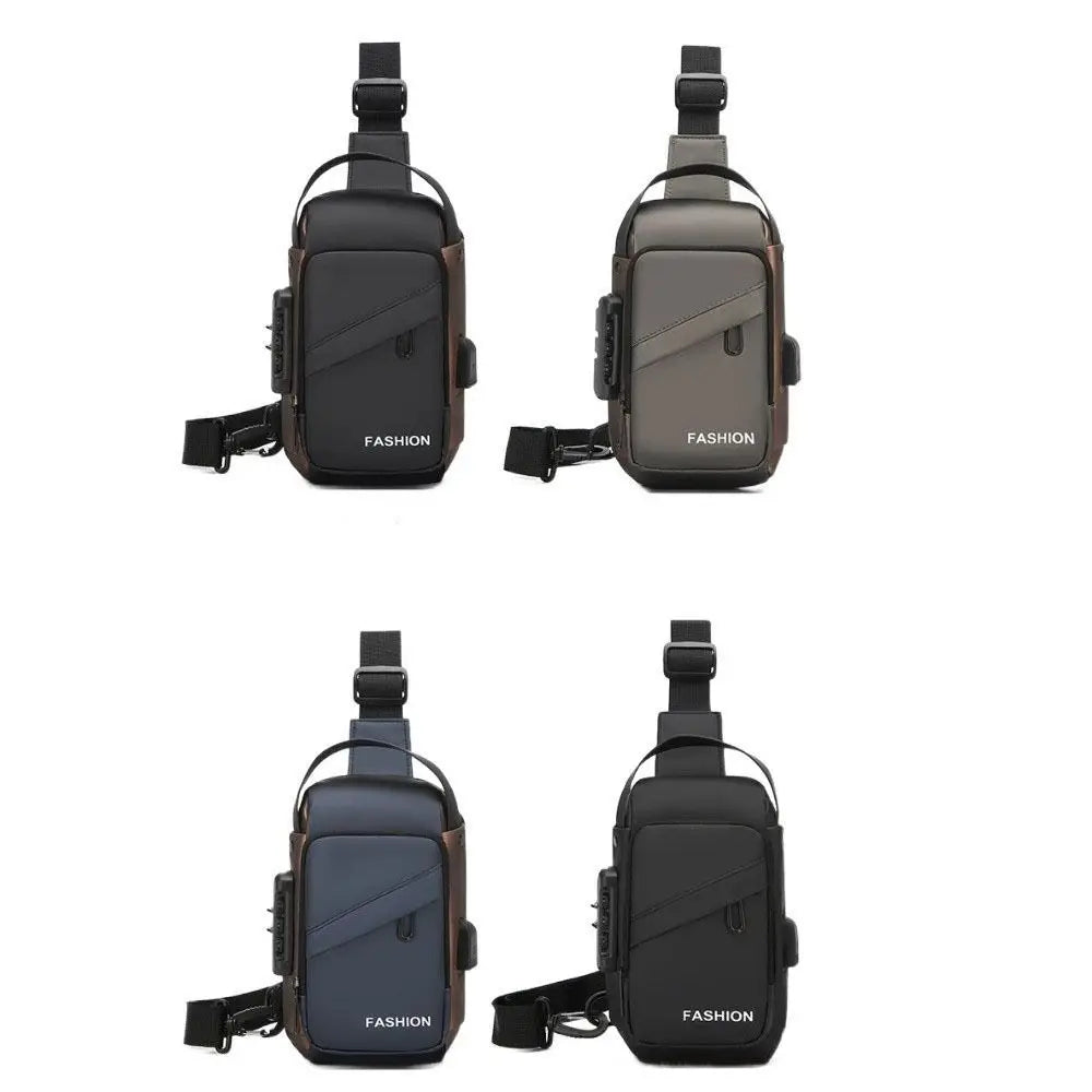 Four men’s anti-theft crossbody bags in black, grey, blue, and dark grey, featuring a USB port and adjustable strap.