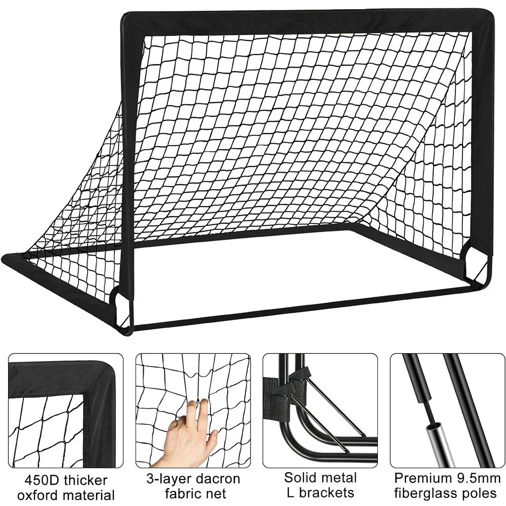 Black portable football goal with durable dacron net, sturdy metal L-brackets, and flexible fiberglass poles.