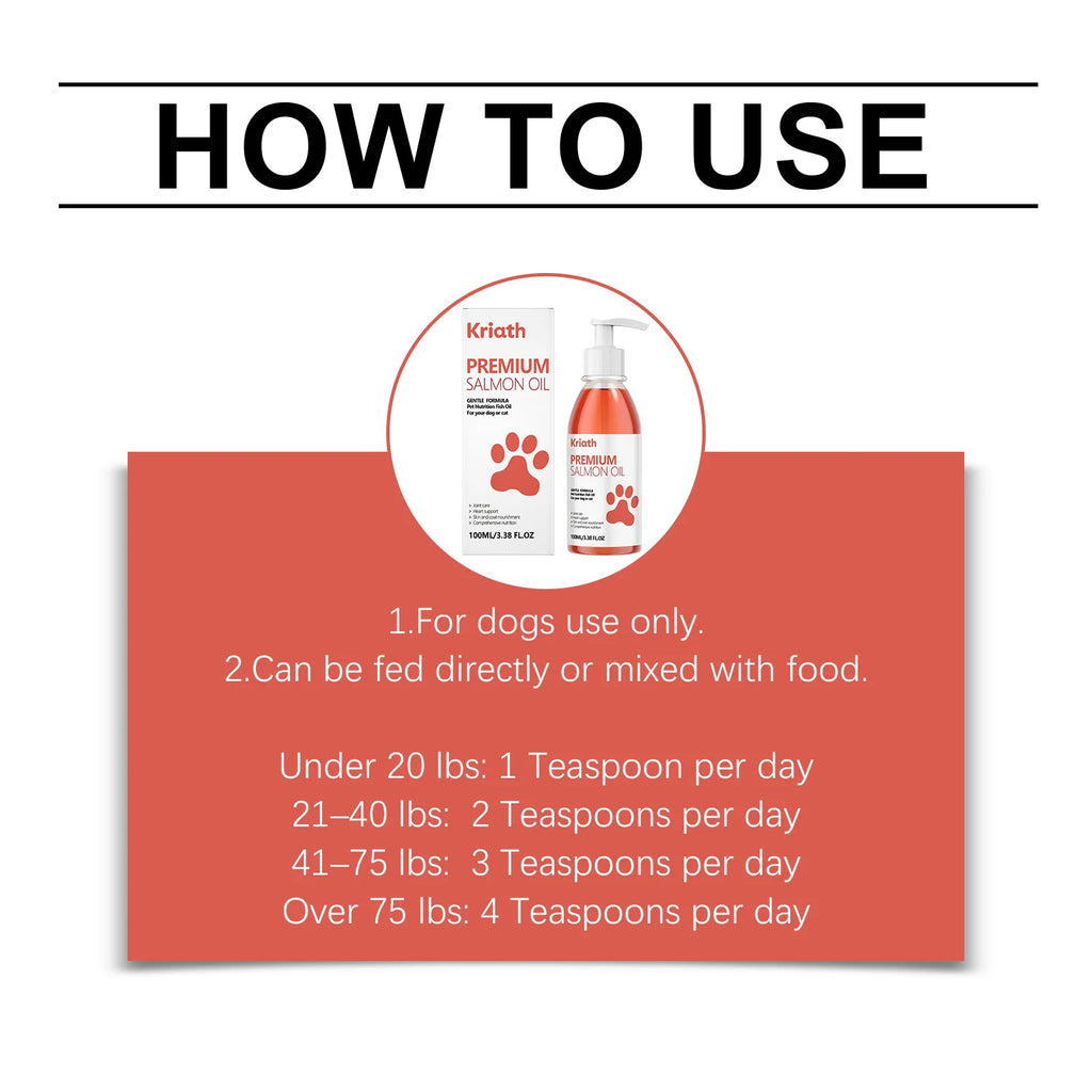 Orange salmon oil for pets in a 100ml pump bottle, with usage instructions and daily feeding guide for dogs.