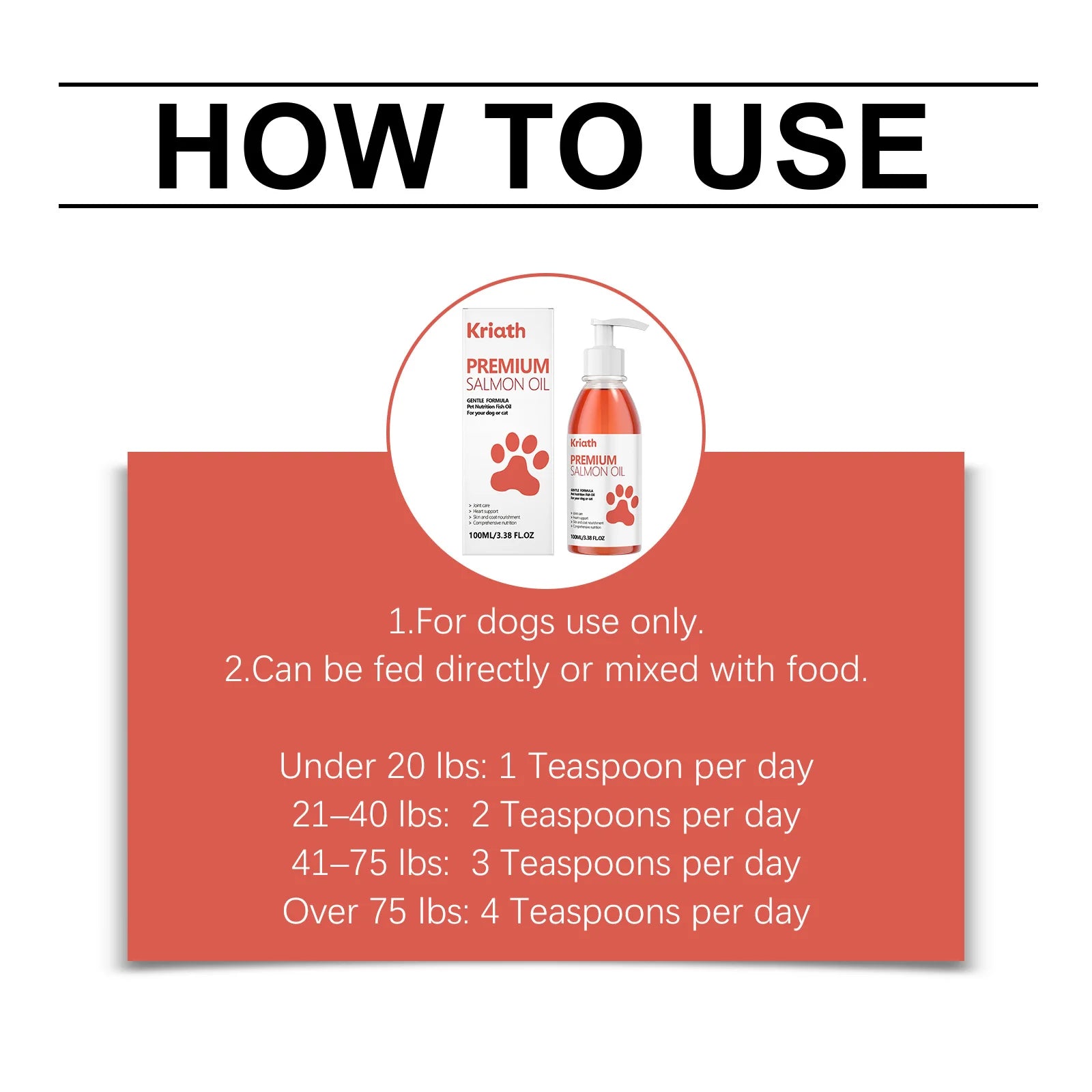 Orange salmon oil for pets in a 100ml pump bottle, with usage instructions and daily feeding guide for dogs.