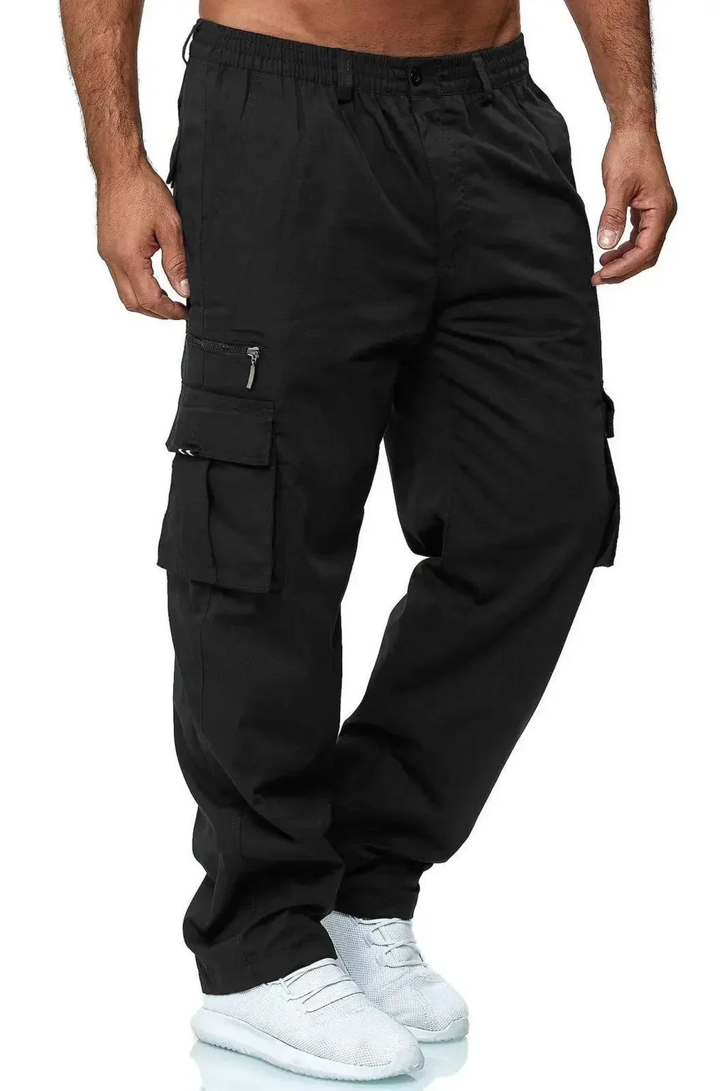Black men’s casual workwear trousers featuring an elasticated waist and multiple side cargo pockets with zip details.