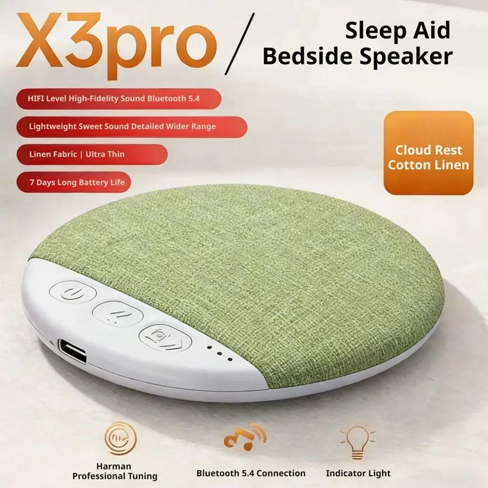Ultra-thin, round green linen Bluetooth sleep speaker with three control buttons and a white base.