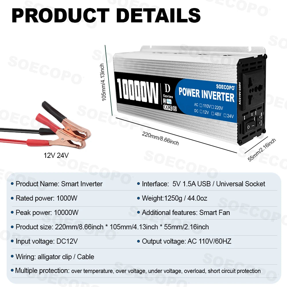Silver 10000W power inverter for cars, featuring universal AC socket, USB port, and included battery alligator cables.