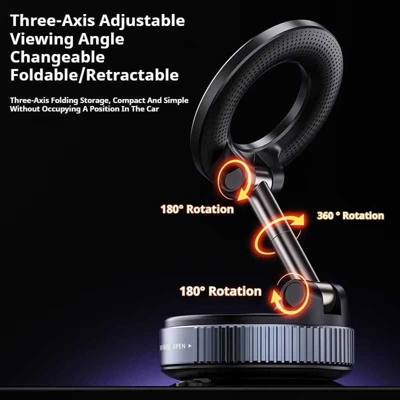 Black, three-axis foldable phone mount with a textured circular base and multi-directional rotation hinges.