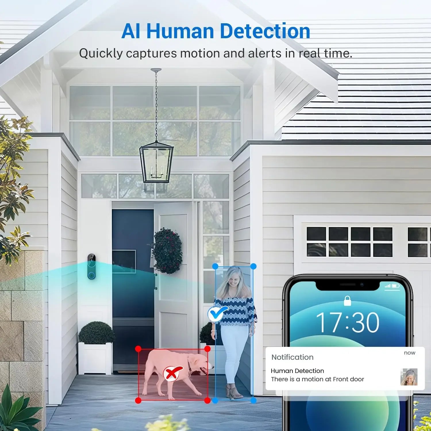 A sleek black wireless video doorbell mounted by a modern front door, showing AI human detection on a smartphone screen.