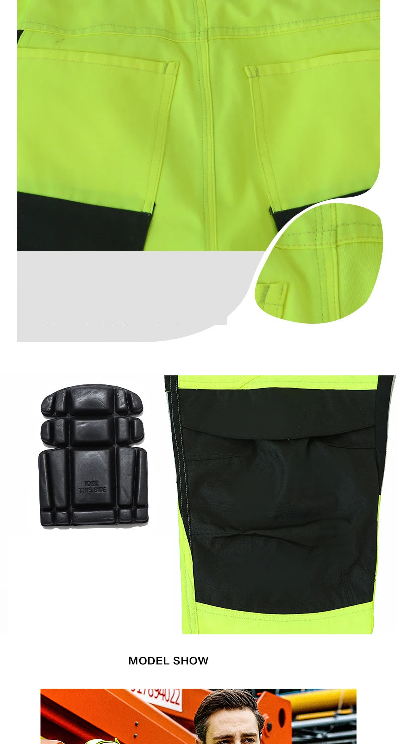 Neon yellow and black work trousers with back pockets and a removable black knee pad insert.