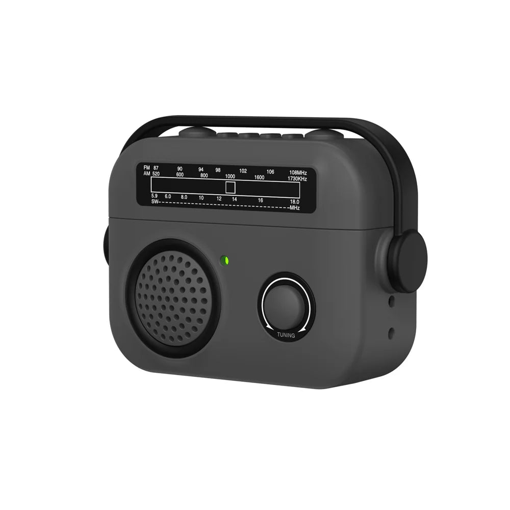 Grey silicone AirPods case shaped like a vintage radio with a black carrying handle.