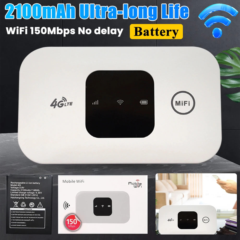 White rectangular 4G LTE mobile Wi-Fi hotspot with a black centre display showing signal, connection, and battery icons.