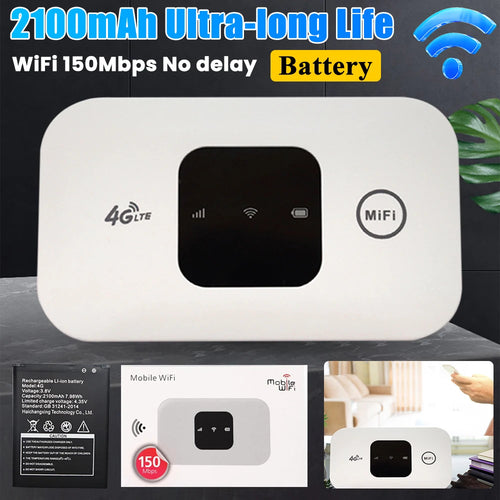 White rectangular 4G LTE mobile Wi-Fi hotspot with a black centre display showing signal, connection, and battery icons.