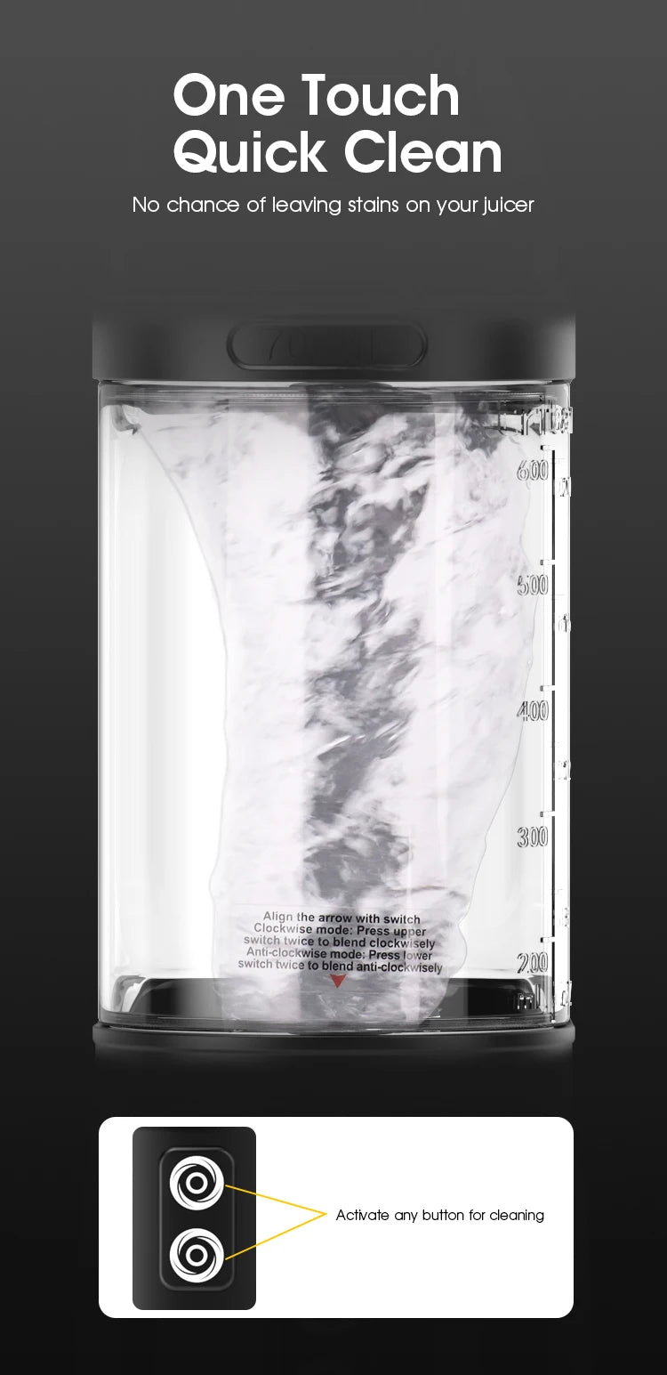 Clear juicer container with black lid and internal water vortex. Includes diagram of two-button cleaning control panel.