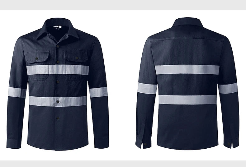 Navy long-sleeved work shirt with button-down collar, twin chest pockets, and horizontal reflective silver strips.
