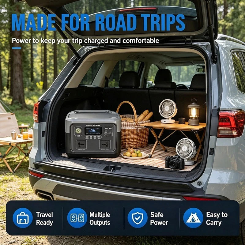 Portable power station in an SUV trunk with camping gear, a fan, a lantern, and text overlays.
