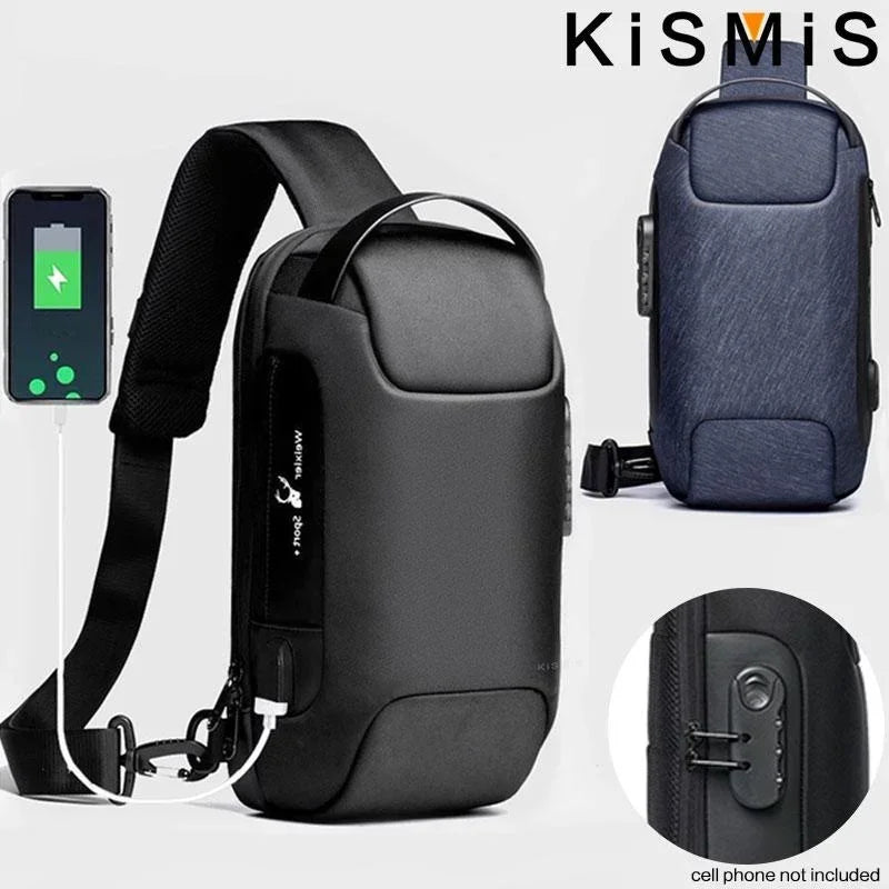 Black and navy anti-theft crossbody bags with external USB charging ports and secure combination locks.