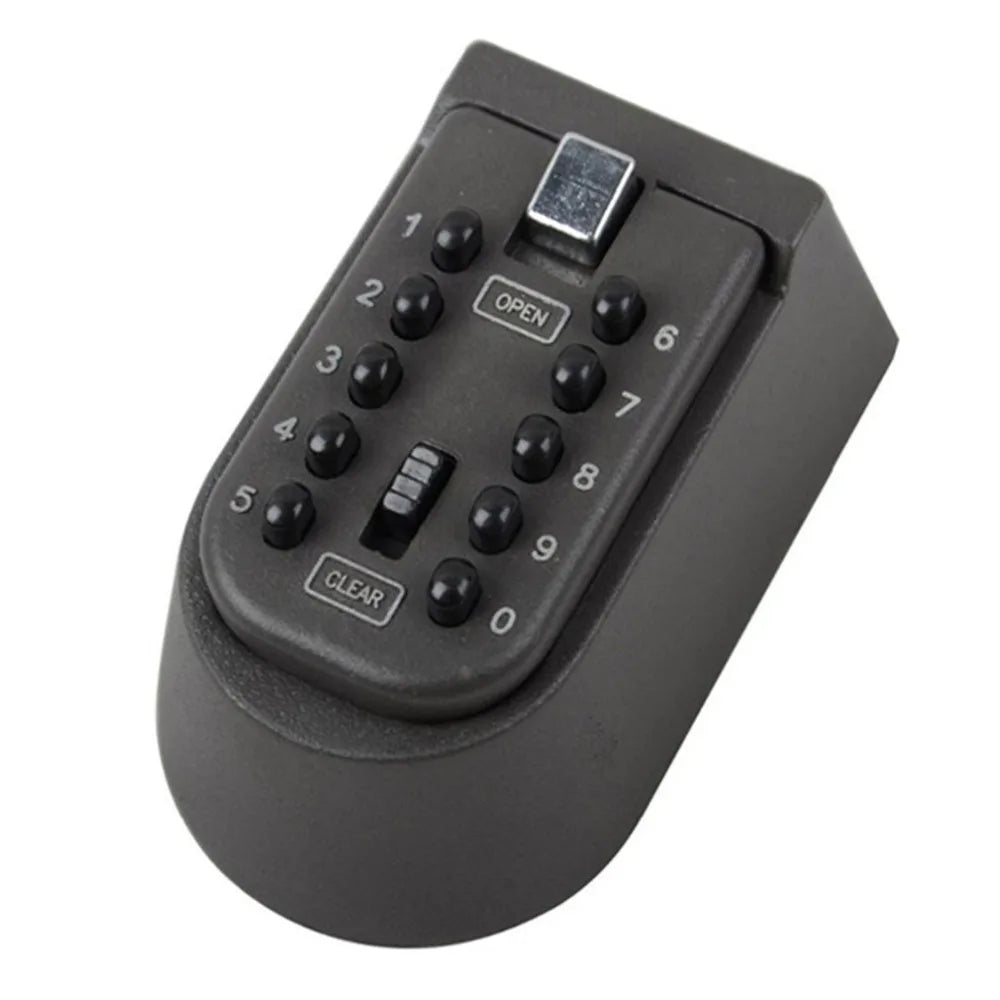 Dark grey metal wall-mounted key lock box with push-button keypad and open and clear labels.