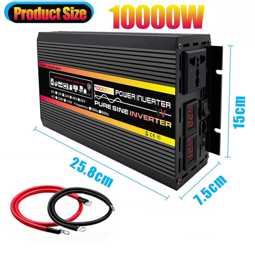 Black 12V to 220V pure sine wave power inverter with digital displays, output socket, and included connection cables.