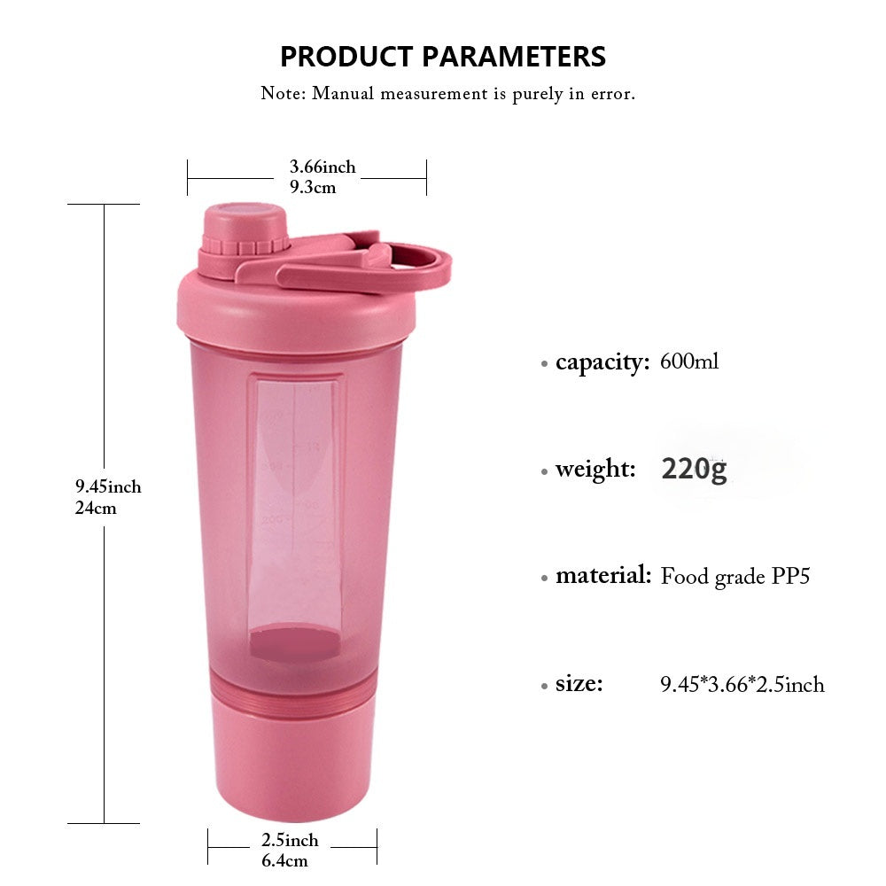 Pink 600ml plastic protein shaker bottle with a carry handle, screw lid, and compartment base, plus dimension labels.