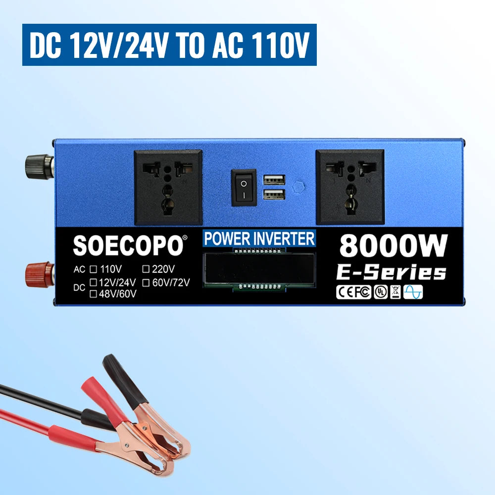 Blue 8000W car power inverter with two AC outlets, USB ports, digital display, and red and black battery clips.
