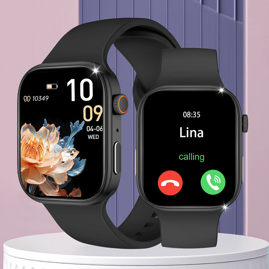 Two black smartwatches with 2.02-inch HD screens, showing a flower watch face and an incoming call display.