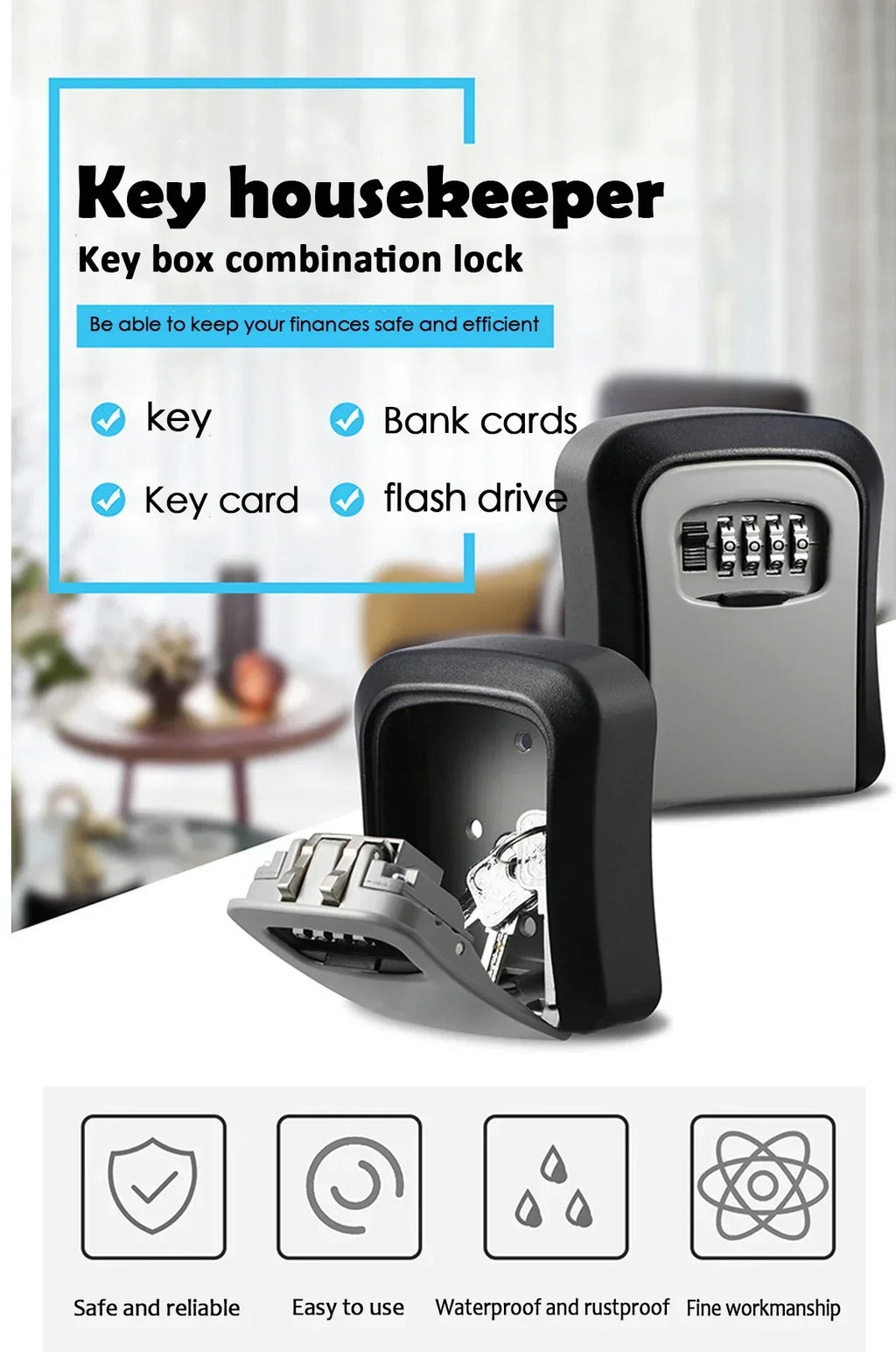Black and grey metal key storage lock box with a four-digit combination dial, shown open and closed.