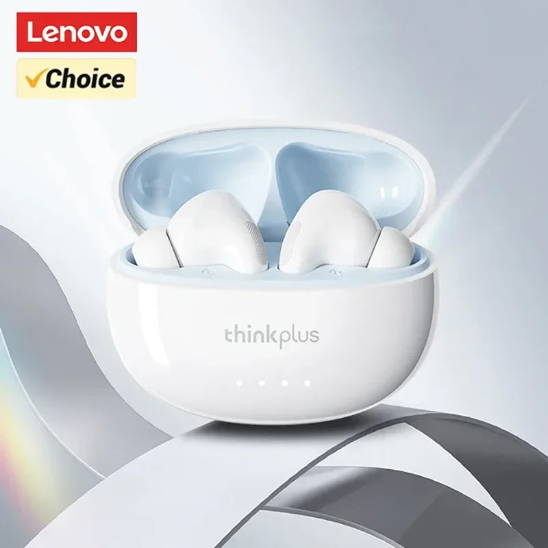 White wireless earbuds in a round, open charging case with light blue interior accents on a soft grey background.