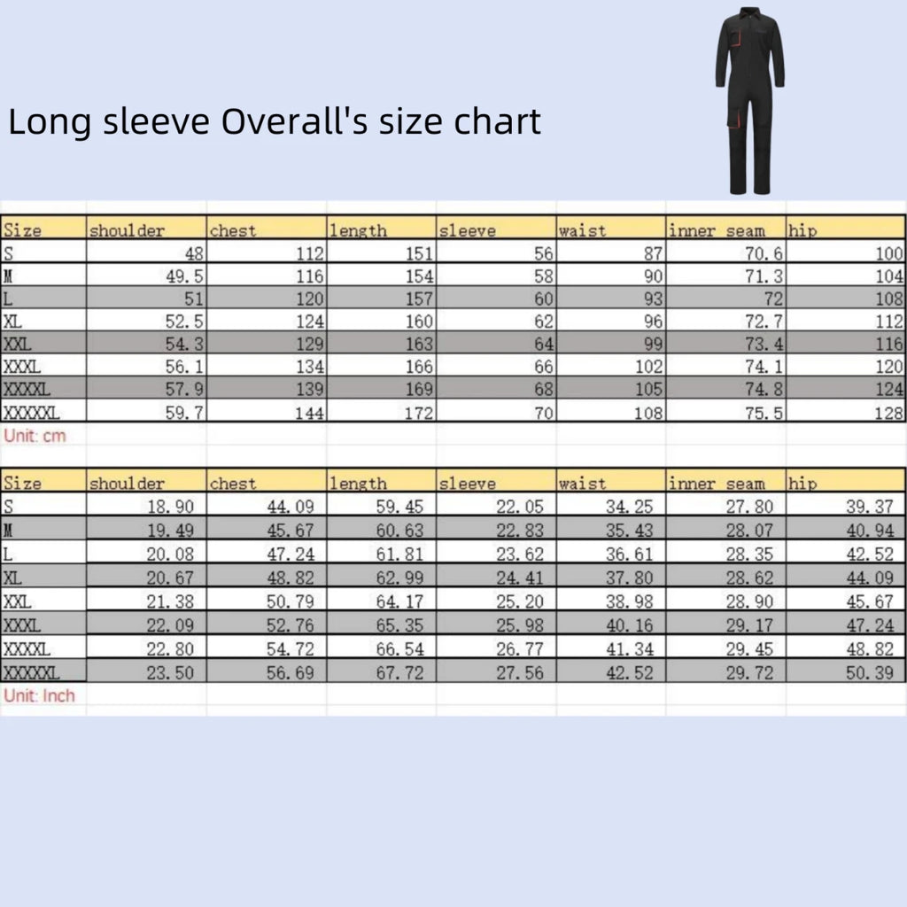 Black heavy-duty mechanic coveralls with red pocket detailing, shown alongside a comprehensive sizing chart.