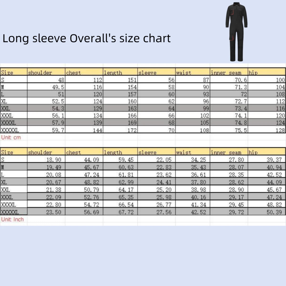 Black heavy-duty mechanic coveralls with red pocket detailing, shown alongside a comprehensive sizing chart.