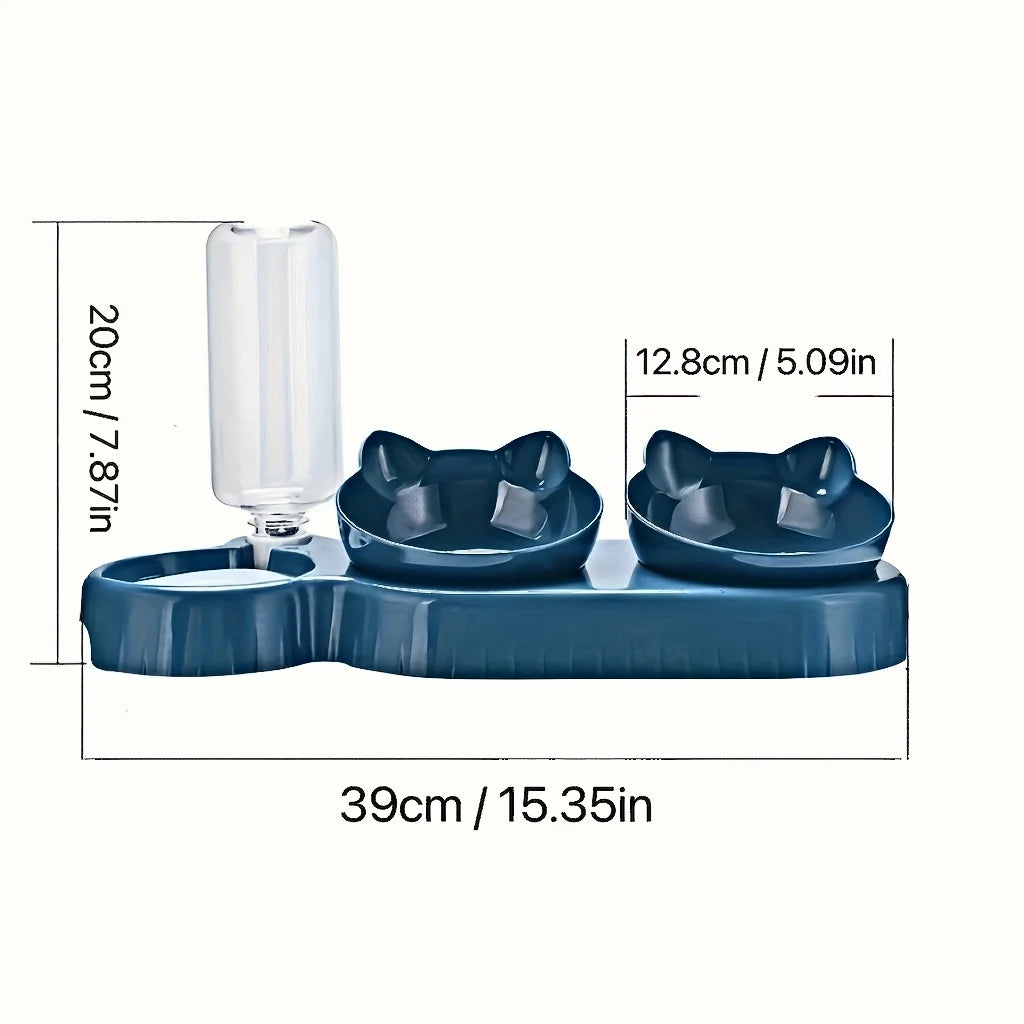 Blue 3-in-1 pet feeding station with two cat-ear shaped bowls and a gravity water dispenser bottle.