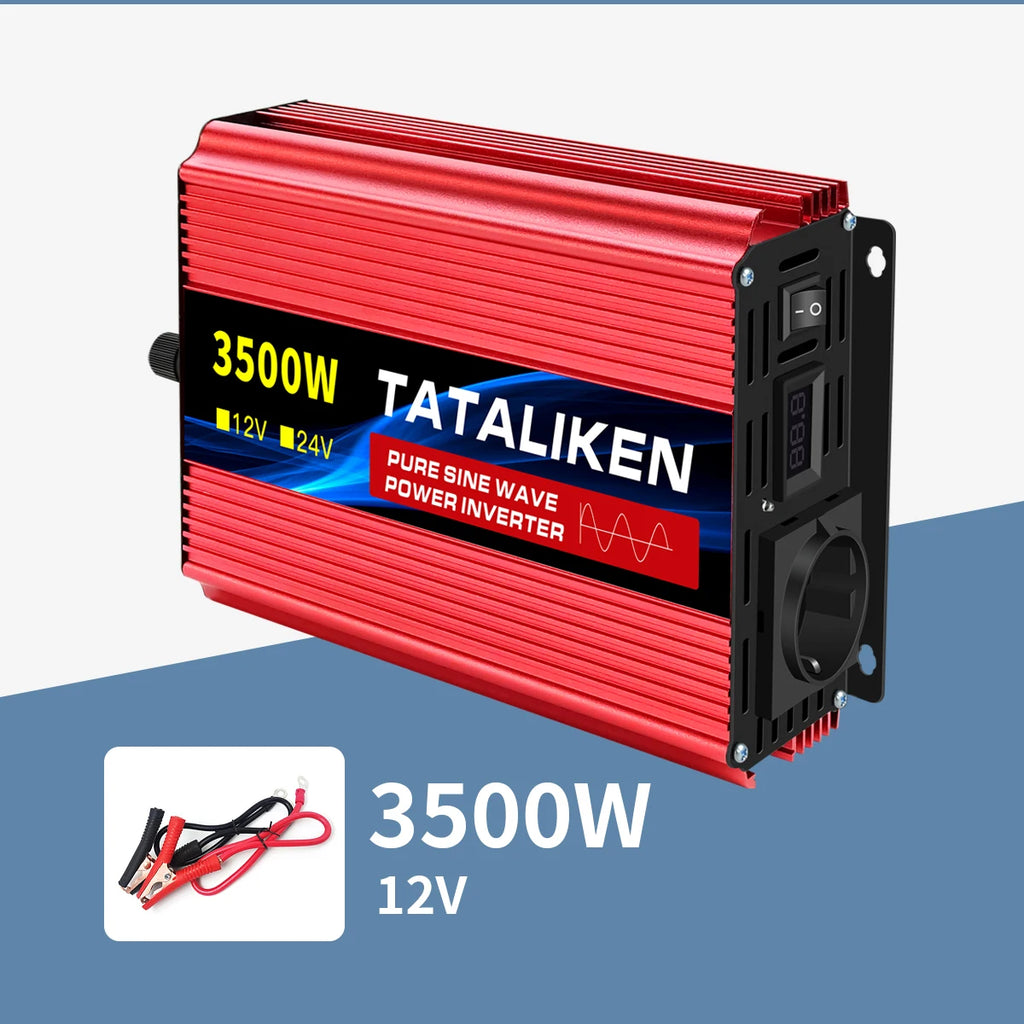 Red 3500W pure sine wave power inverter with a black front panel, power socket, digital display, and battery cables.