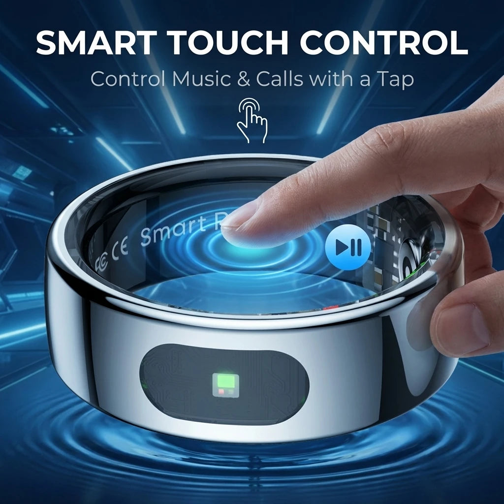 A sleek silver smart ring being tapped to control music, featuring a modern, polished design and integrated sensors.