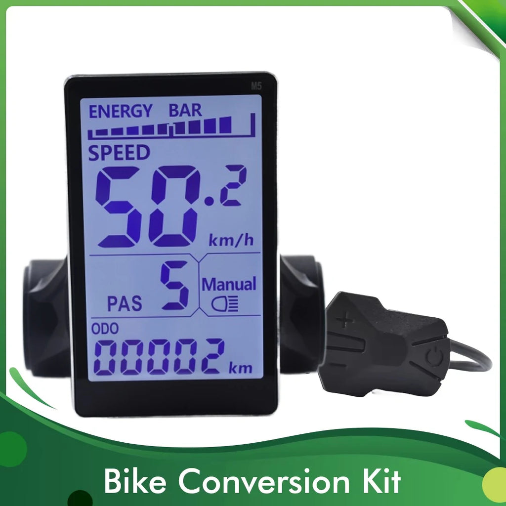Black M5 electric bike LCD display with blue screen showing speed, energy bar, and odometer, plus a control pad.