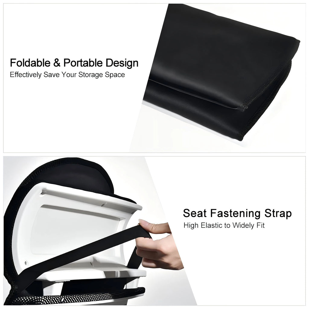 Black, foldable massage cushion shown folded for storage and with an elasticated fastening strap for secure seating.
