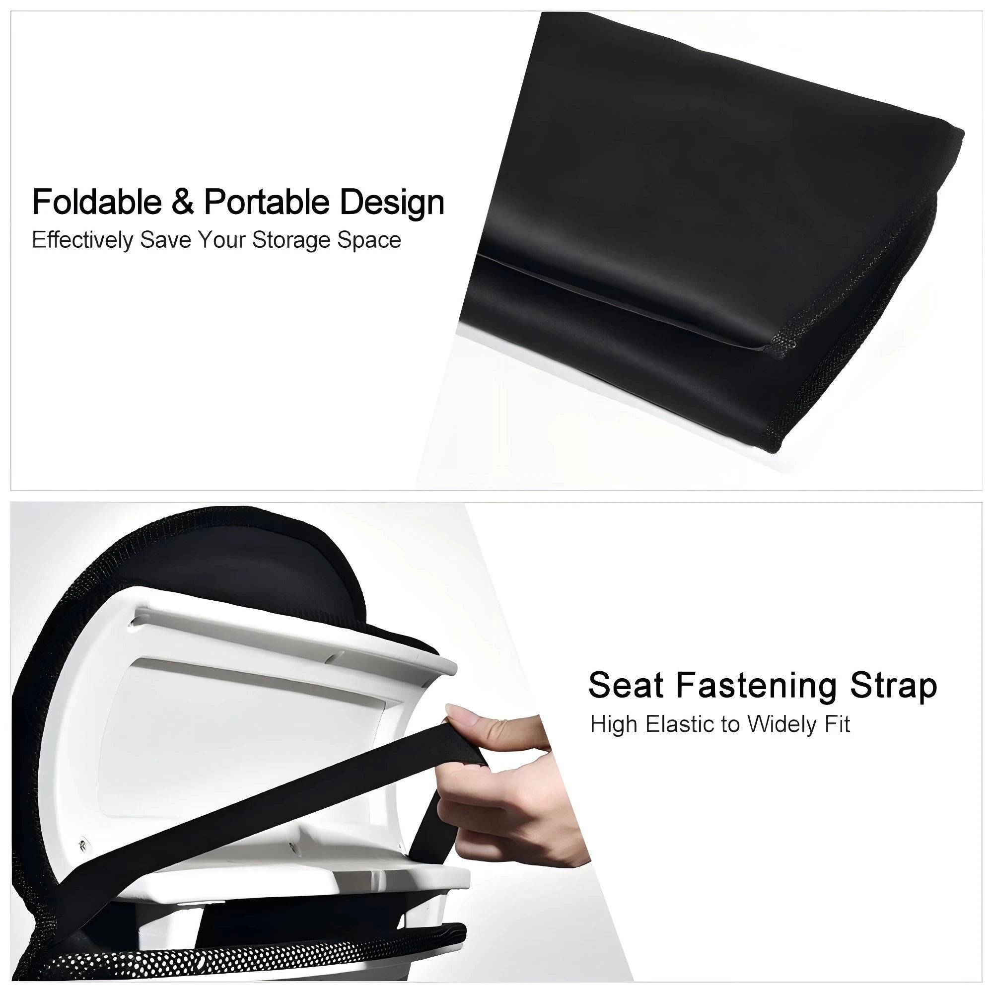 Black, foldable massage cushion shown folded for storage and with an elasticated fastening strap for secure seating.
