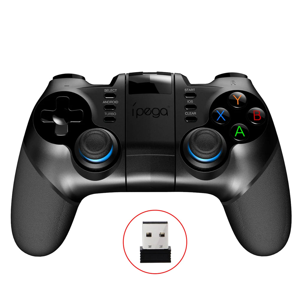 Black wireless gaming controller with multi-colored ABXY buttons, dual analog sticks, and a small USB receiver.