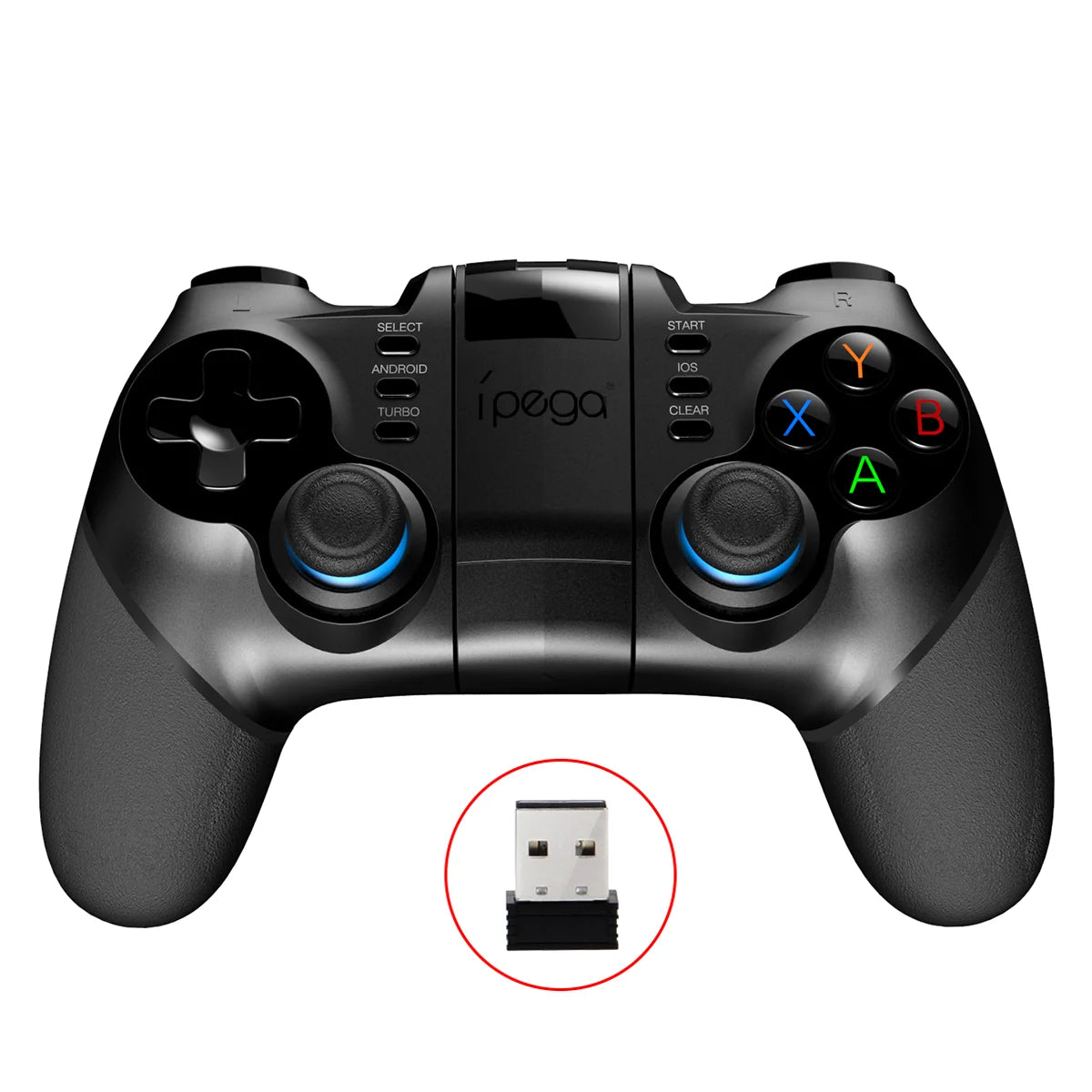 Black wireless gaming controller with multi-colored ABXY buttons, dual analog sticks, and a small USB receiver.