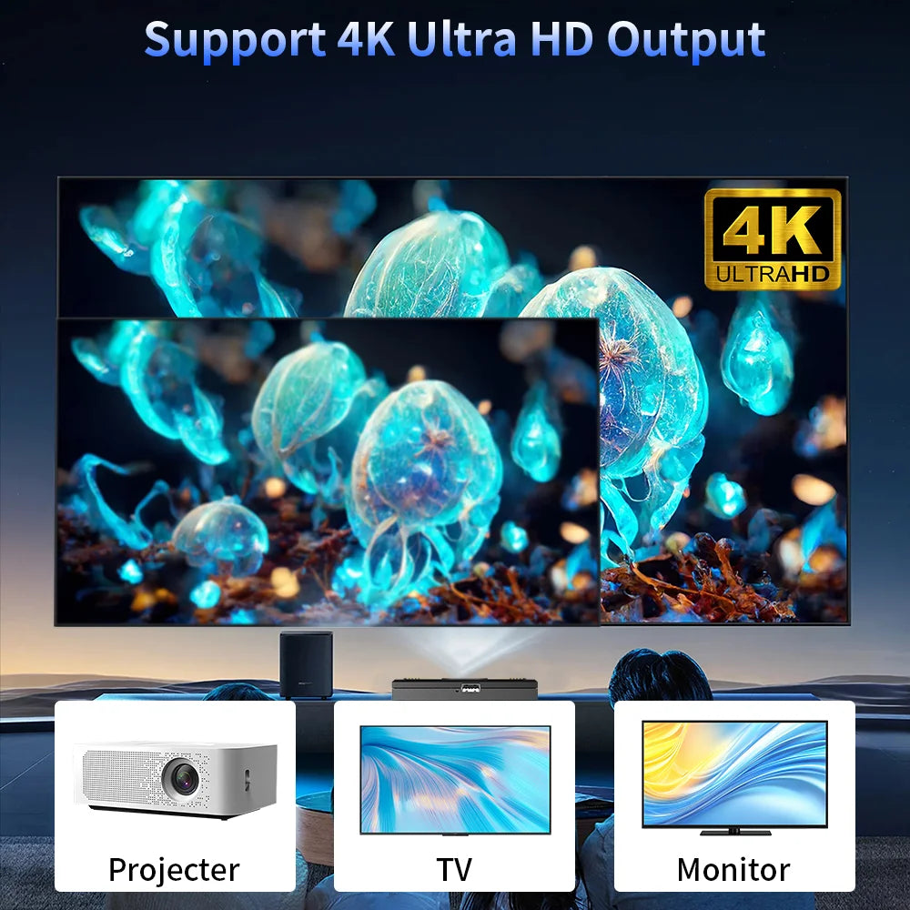 Black Pixel Haven retro game box console displaying vibrant 4K UHD graphics of glowing blue sea creatures on a TV.