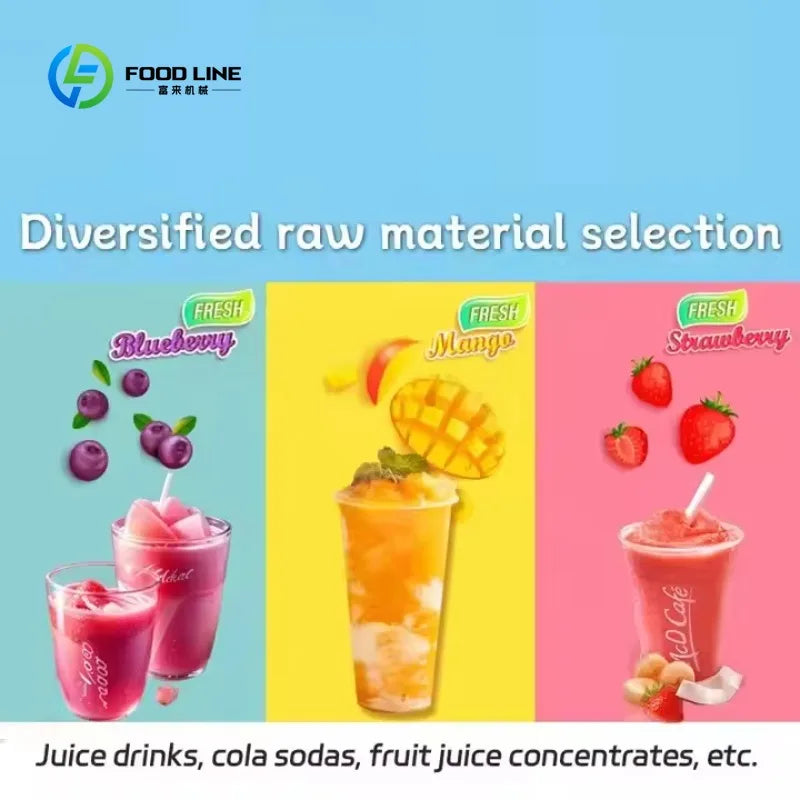 Blue, yellow, and pink panels display blueberry, mango, and strawberry slushies with fresh fruit graphics.