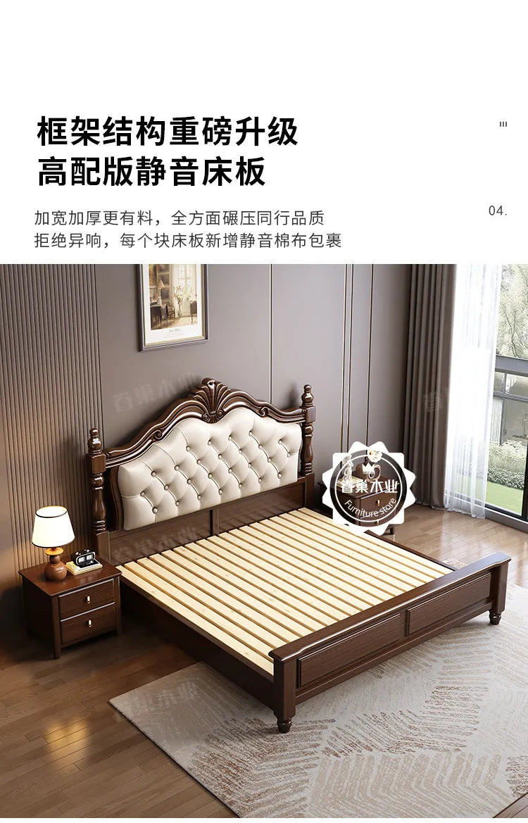 Retro dark wood double bed frame with a tufted cream headboard and sturdy slatted base. 180x200cm.