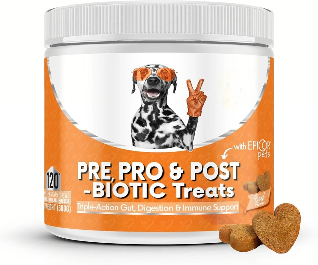 Pot of 120 beef-flavoured, heart-shaped prebiotic and probiotic dog treats for gut and immune health.