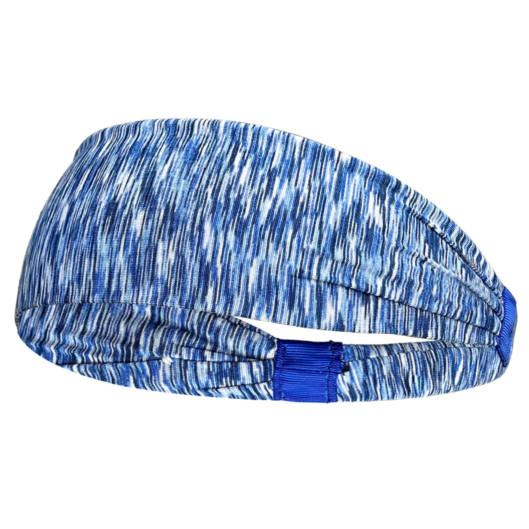 Blue and white marl pattern sports headband with a solid blue ribbed back strap.