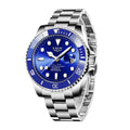 Men’s stainless steel quartz watch with a blue dial, matching blue rotating bezel and silver link bracelet.