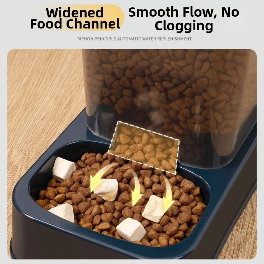 Dark blue automatic pet feeder with a clear food hopper, filled with brown kibble and white treats.