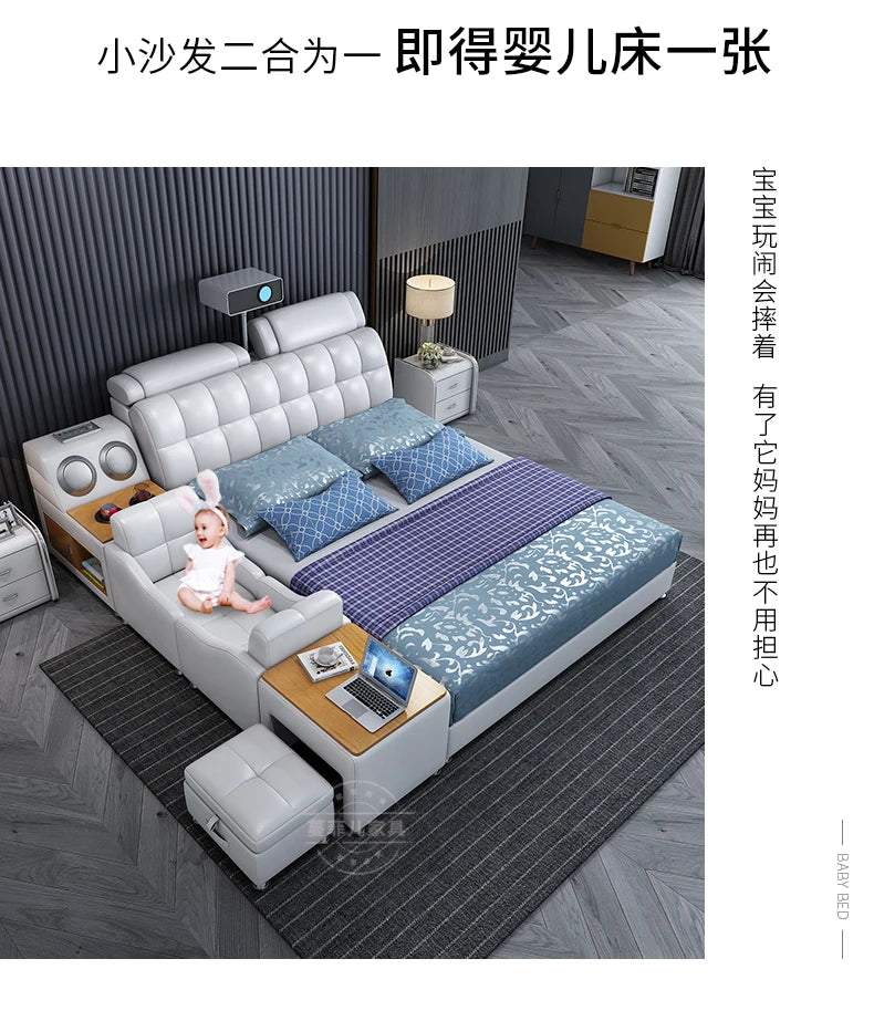 Modern white double bed with a padded headboard, integrated side tables, storage, and a matching footstool.