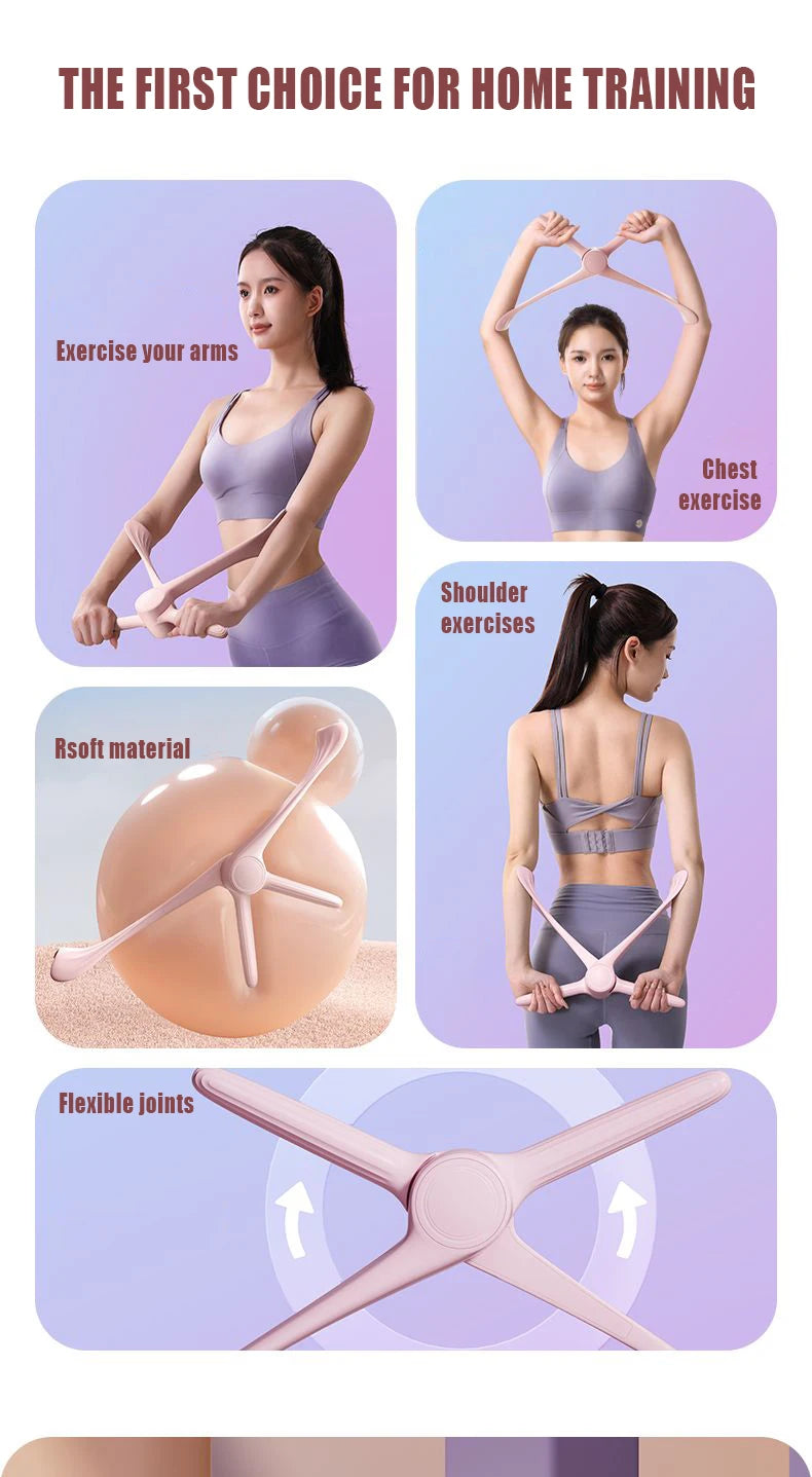 A woman using a pale pink, cross-shaped multifunctional arm and chest trainer with flexible, rotating joints.