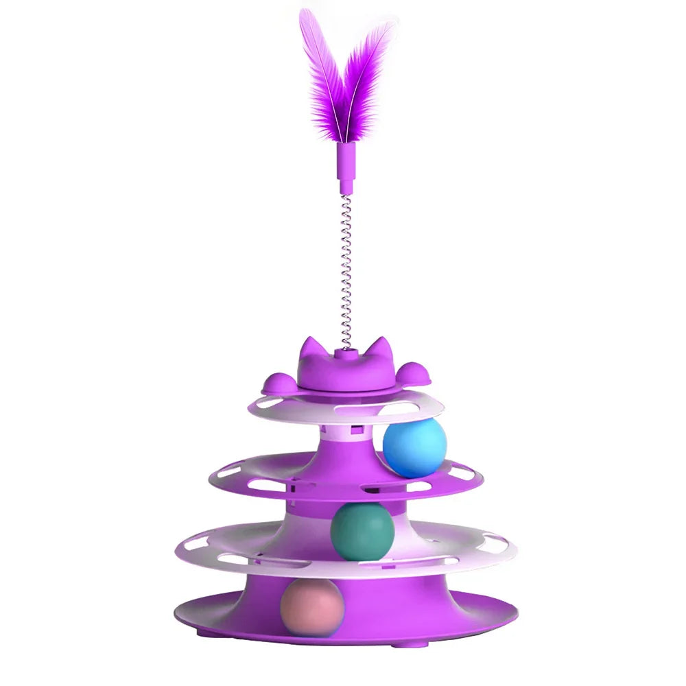 Purple three-tier interactive cat toy with colourful rolling balls and a spring-mounted feather wand on top.