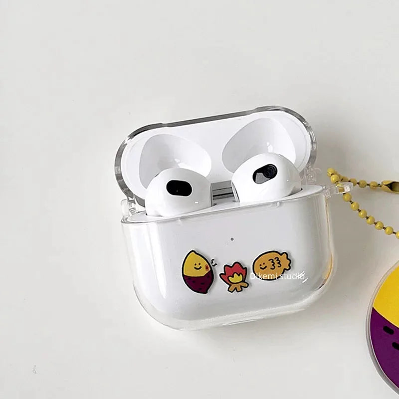 Clear AirPods 3 case featuring cute food icons and a yellow ball chain keyring. Protective, transparent design.