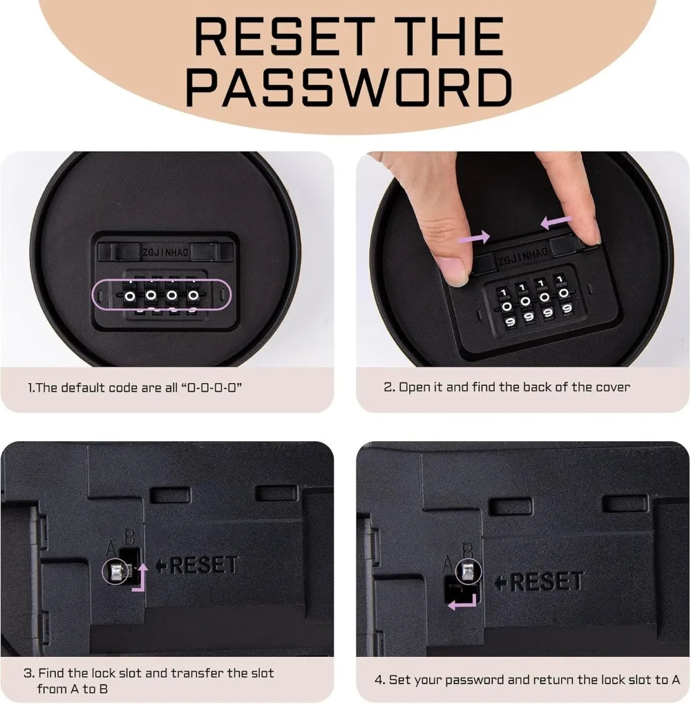 Instructional graphic showing a black plastic four-digit combination lock being reset from position A to B.
